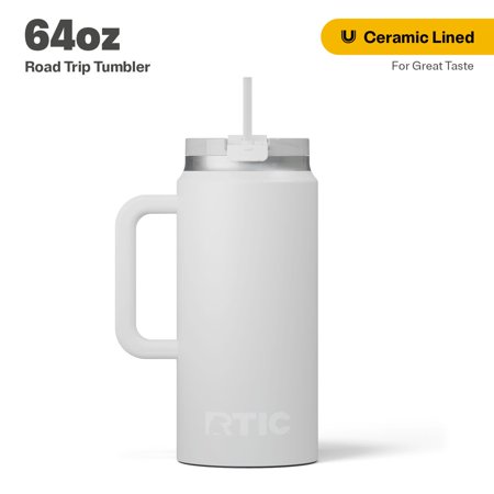 RTIC 64 oz Ceramic Lined Insulated Road Trip Tumbler, Leak-Resistant Lid, Cool Grey