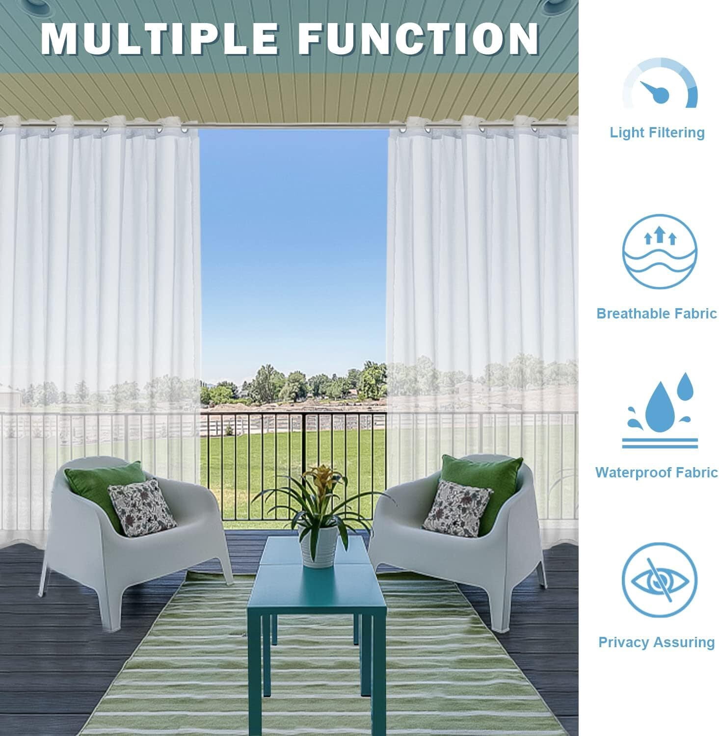 GoXteam White Outdoor Sheer Curtains for Patio Waterproof, 2 Panels Grommet Indoor Voile Sheer Curtain for Living Room, Bedroom, Porch, Pergola, Cabana, 52 x 84 inch
