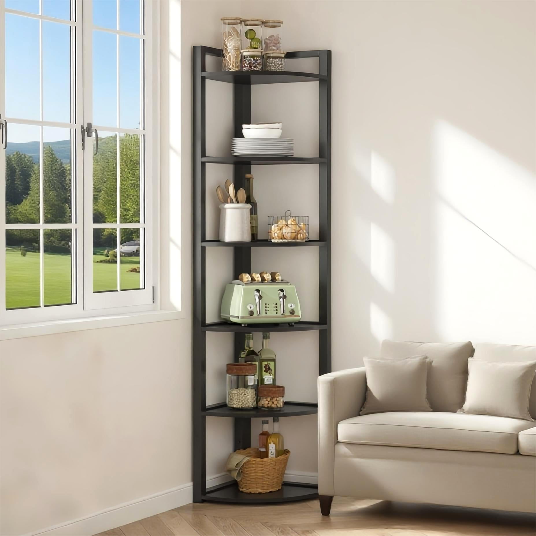 Fnova 70.9" 6-Tier Corner Shelf, Rustic Corner Bookshelf, Compact Storage Rack for Living Room, Home Office, Kitchen