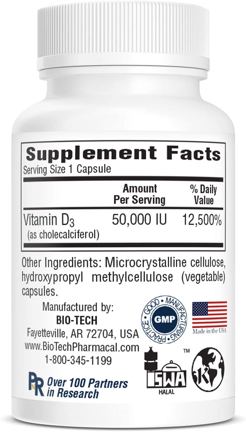 Bio-Tech Pharmacal D3-50 50,000 IU, 100 Vegetable Capsules – All-Natural Supplement – Supports Bone & Immune Health – No Dairy, Fish, Gluten, Peanut, Shellfish, & Soy