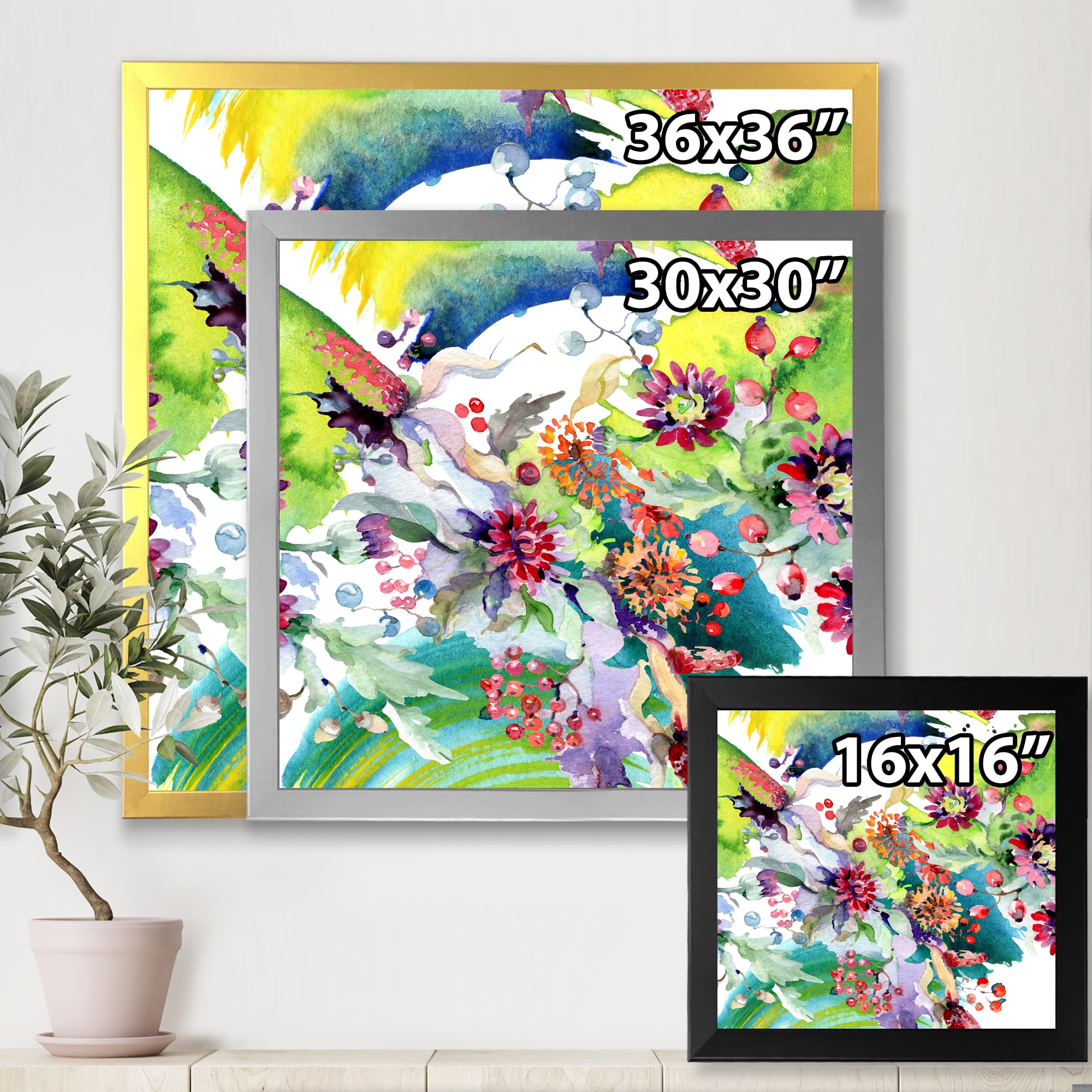 Wildflowers and Vibrant Wild Spring Leaves X 16 in x 16 in Framed Painting Canvas Art Print, by Designart