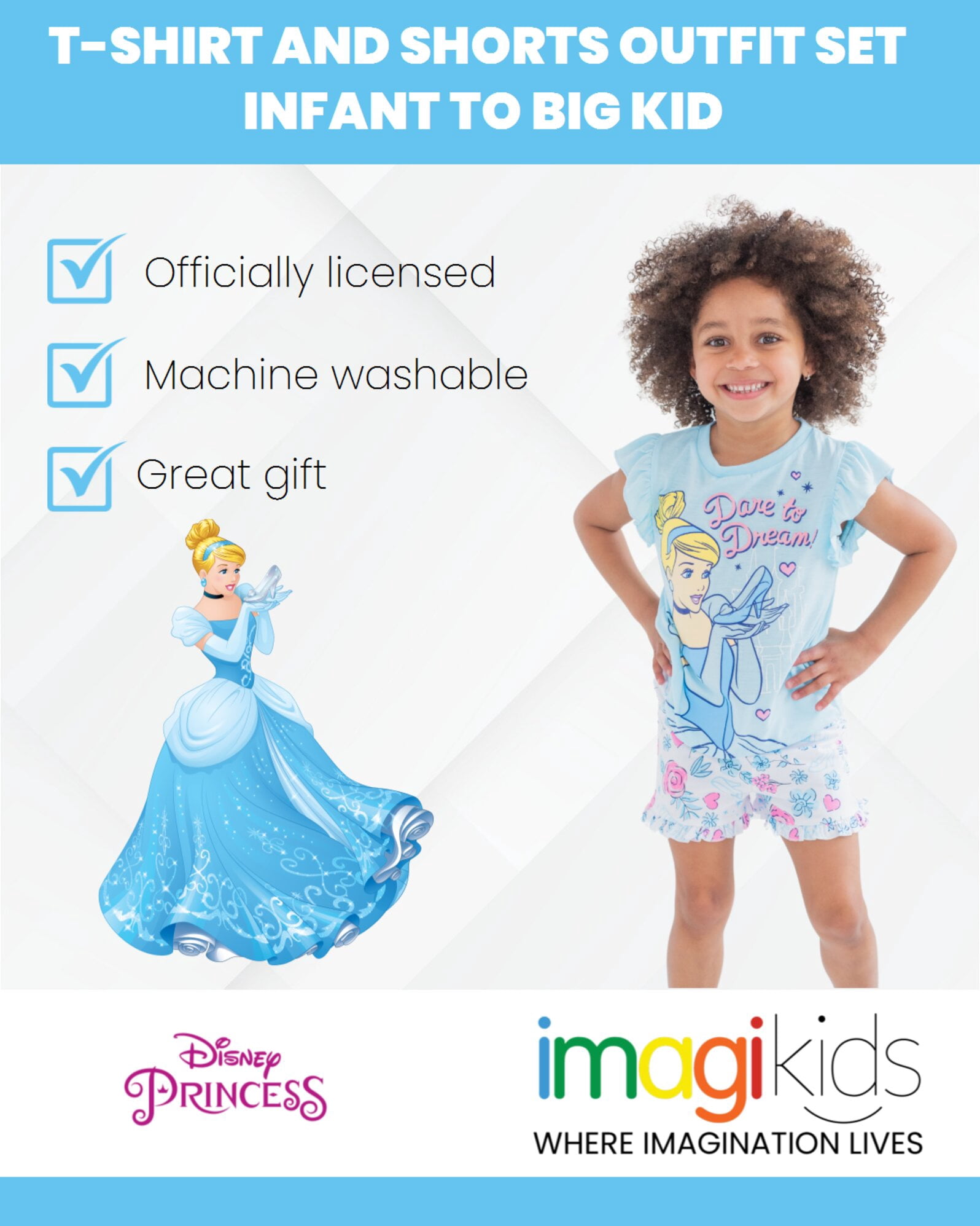 Disney Princess Cinderella Little Girls T-Shirt and French Terry Shorts Outfit Set Toddler to Big Kid