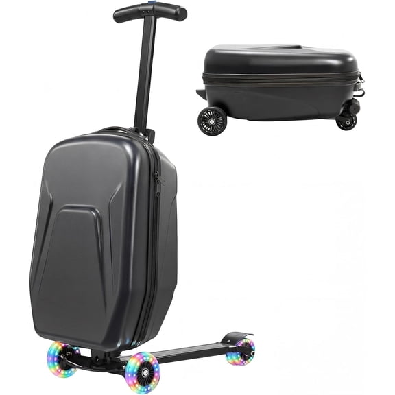 20" Hardshell Scooter Suitcase for Kid & Adult Foldable 2 in 1 Ride on Carry on Travel Trolley Scooter Luggage With Wheels Black