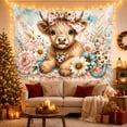 thumbnail image 3 of Highland Cow with Pink Flowers and Horseshoe Against Lace Background, Cozy Watercolor for Animal Lovers, Farmhouse Western Decor, Birthday Gift, Tapestry Wall Hanging for Bedroom and Living Room, 3 of 7
