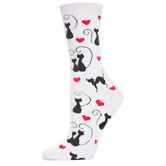 MeMoi Curly Q Love Cats Rayon Blend Crew Socks White One Size