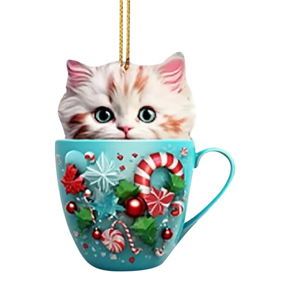 Noothes Teacup Cat Acrylic 2D Car Christmas Ornament Holiday Hanging Decor for Tree Rearview Mirror Cat Lover Gift