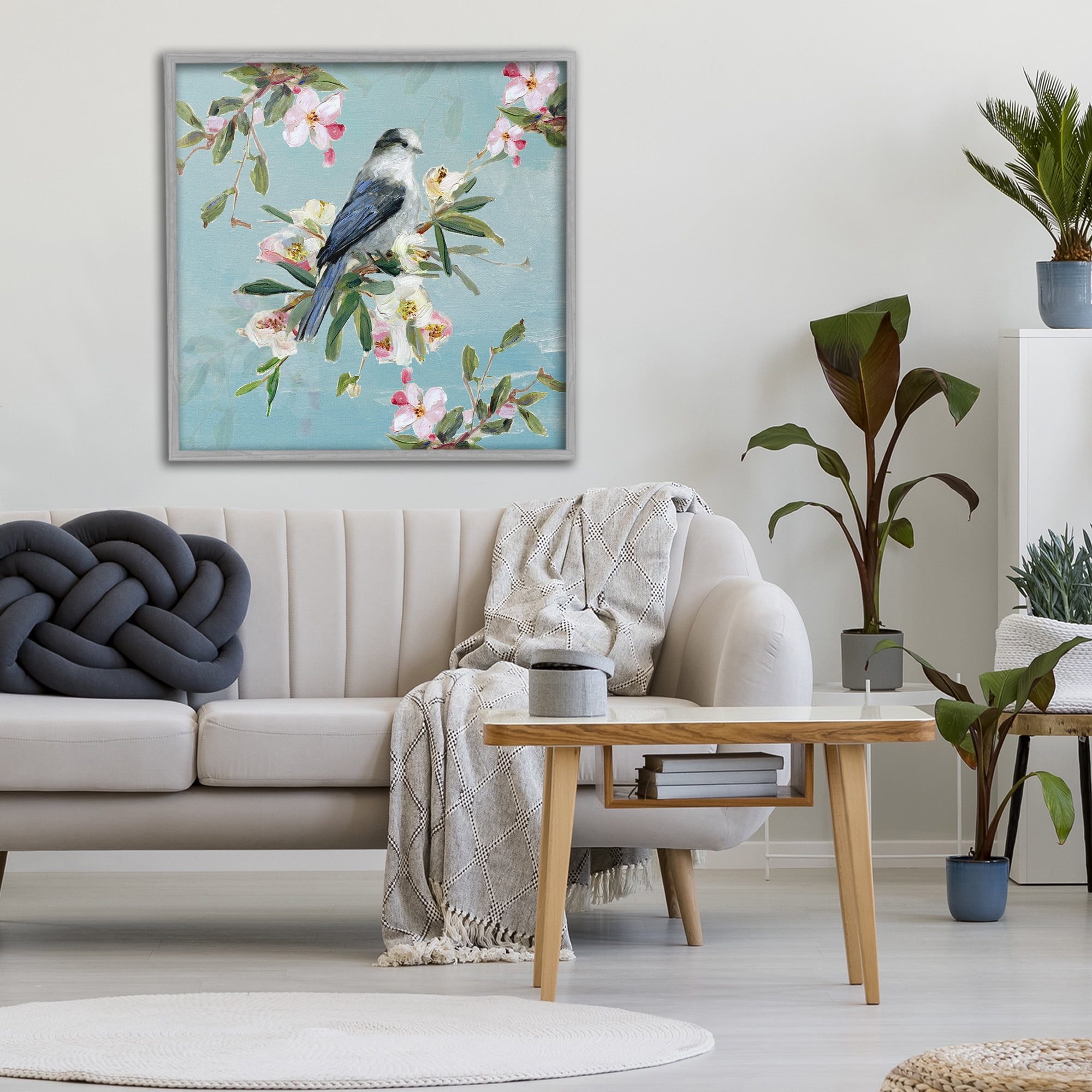 Stupell Industries Pastel Songbird Among Blossoms Gray Framed Giclee Art, design by Sally Swatland