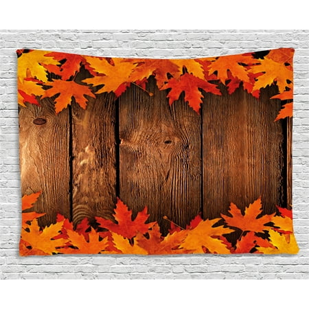 Orange Leaf Hours Of Operation Fall Decor Tapestry, Dry Leaves Poured Onto Wooden Board Cabin Cottage Rustic Country House, Wall Hanging for Bedroom Living Room Dorm Decor, 80W X 60L Inches, Scarlet Brown Orange, by Ambesonne ()