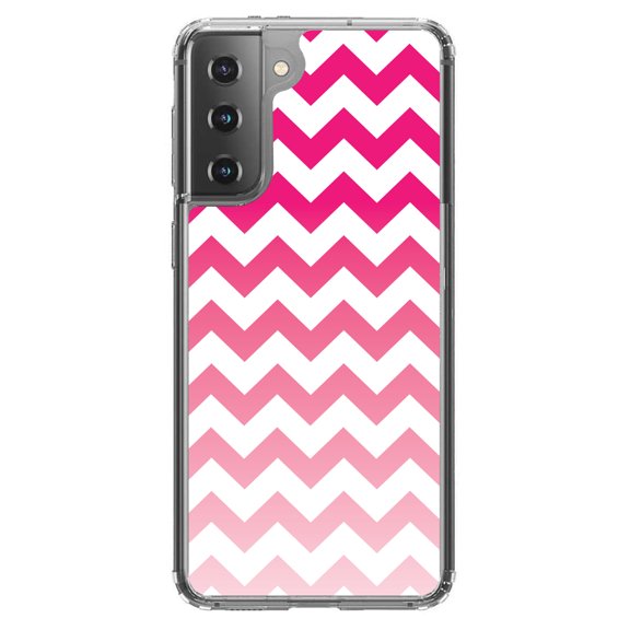 DistinctInk Clear Shockproof Hybrid Case for Galaxy S21 5G (6.2" Screen) - TPU Bumper, Acrylic Back, Tempered Glass Screen Protector - White Pink Fade Ombré Chevron Stripes