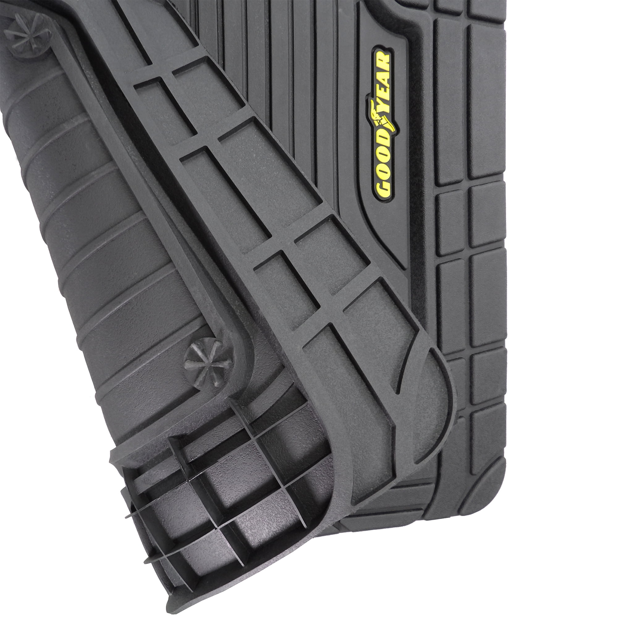 Goodyear 5-Piece Sport All-Weather Rubber Floor Mat Set – Black with Yellow Logo + 2 Cup Holder Coasters – Heavy Duty Universal Trim-to-Fit Car, SUV & Truck Floor Mats