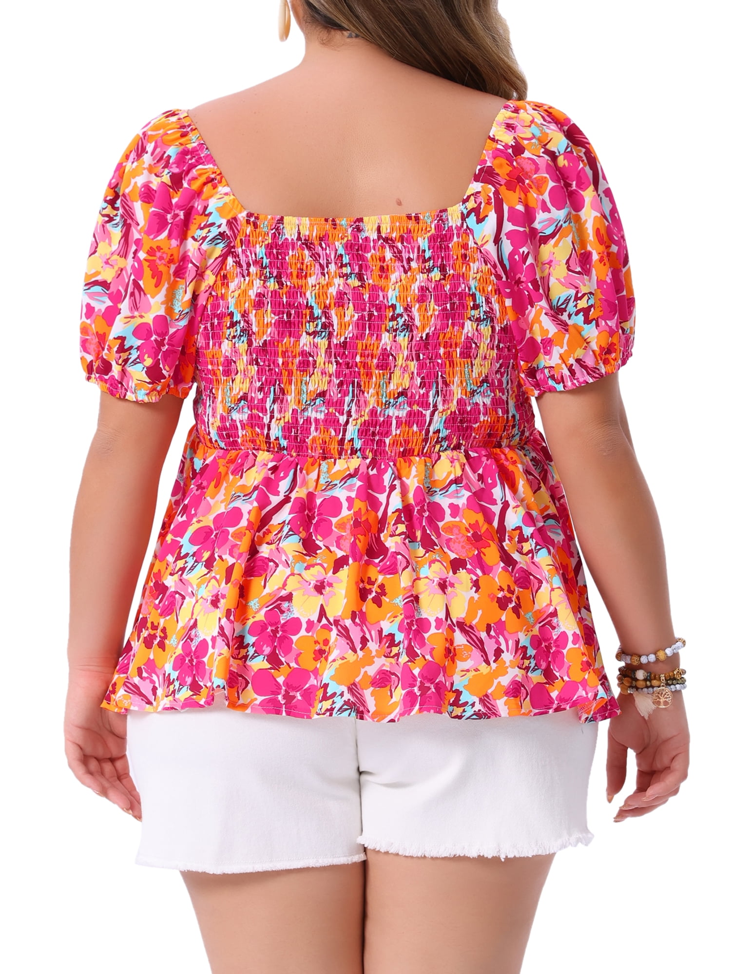 Women's Plus Sweetheart Neck Short Sleeve Floral Blouse with Ruffle Hem 2X Orange Pink