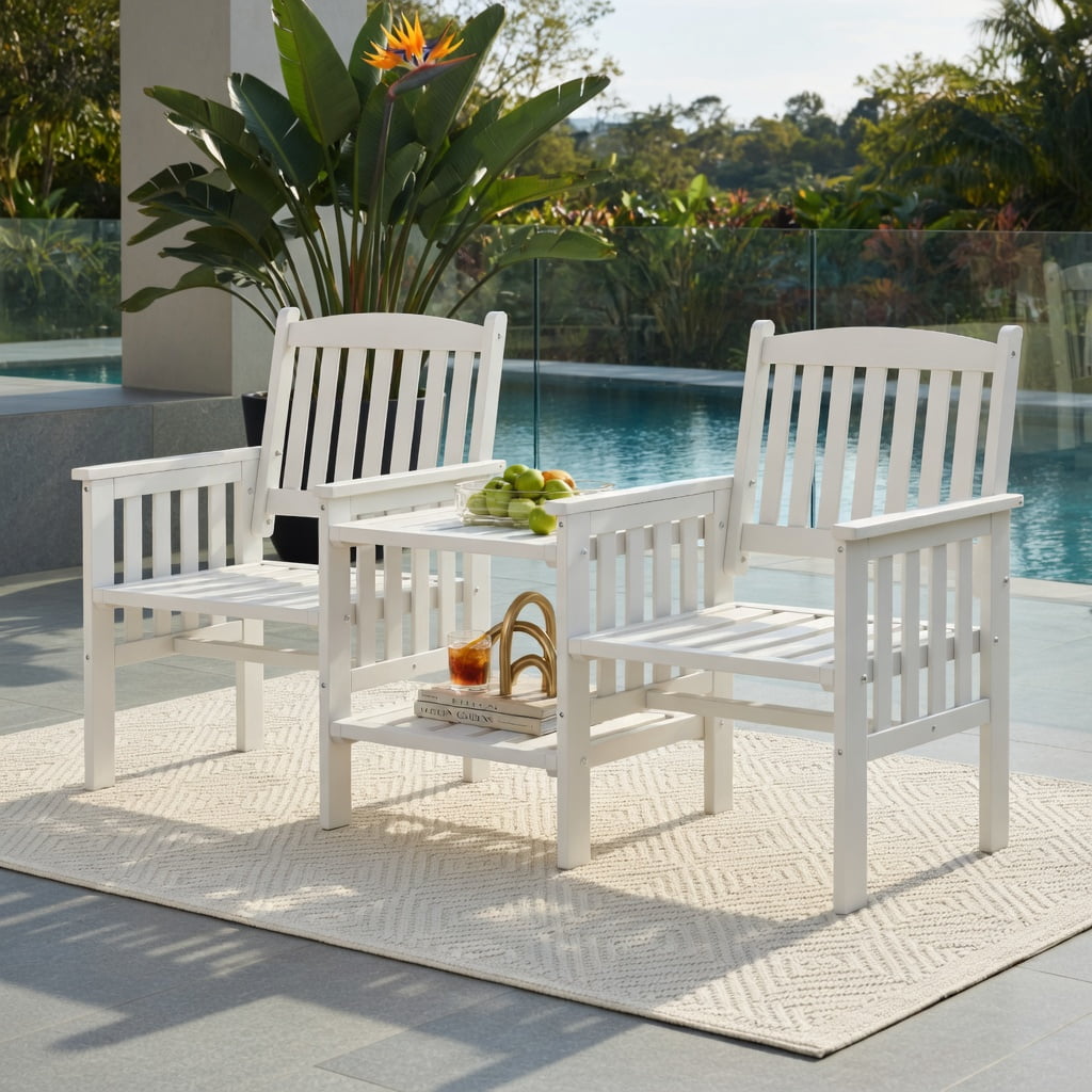 Hommoo Outdoor Fir Wood Loveseat Set with 2-Tier Side Table & 1.96-Inch Umbrella Hole, White