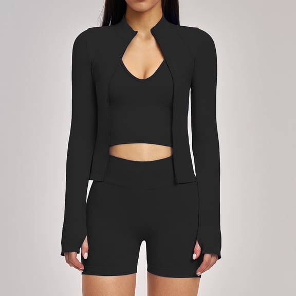 PISONIC Workout Sets for Women 3 Piece Long Sleeve Zip Up Jacket, V-neck Cami Tank Top, High Waisted Yoga Shorts Gym Athletic Sets