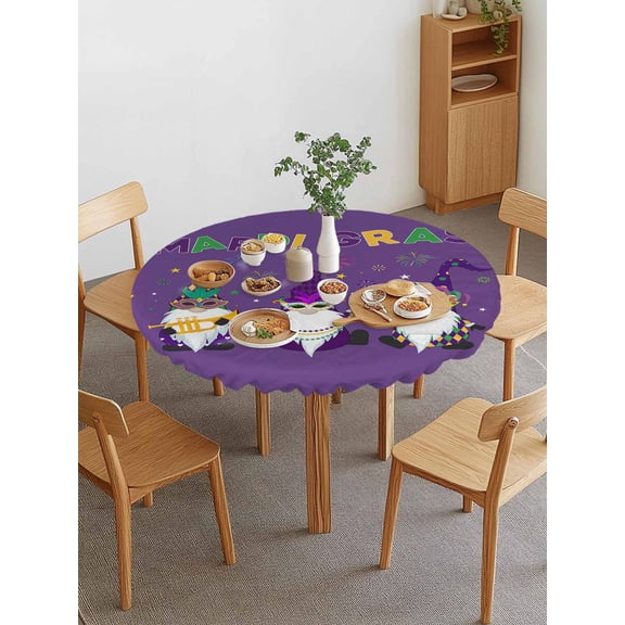 Mardi Gras Round Fitted Tablecloth with Elastic Edge, Carnival Gnome Mask Deep Purple Theme Waterproof Stretch Table Covers for 36"-44" Tables Wipeable Table Cloth for Outdoor