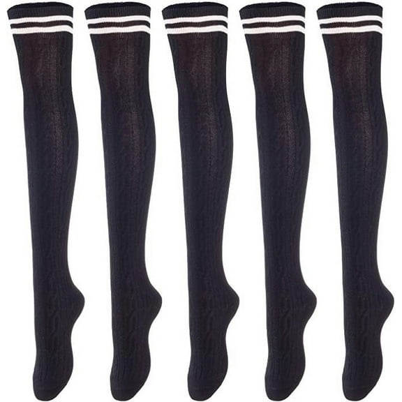 Lovely Annie Big Girl's Women's 5 Pairs Incredible Durable Super Soft Unique Over Knee High Thigh High Cotton Socks Size 6-9 A1023(Black)