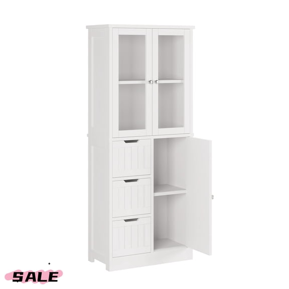 Hassch 58"H Bathroom Storage Cabinet, Freestanding Cabinet with 3 Doors, 3 Drawers and 4 Layers for Living Room, Kitchen, Large capacity, White Floor Storage Cabinet