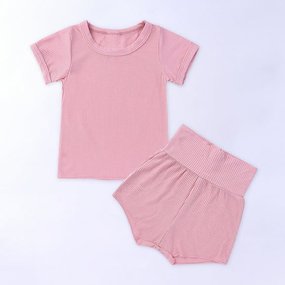 SDJMa Toddler Kids Baby Boys Girls Fashion Cute Solid Color Short Sleeve High Waist Shorts Cotton Casual Suit