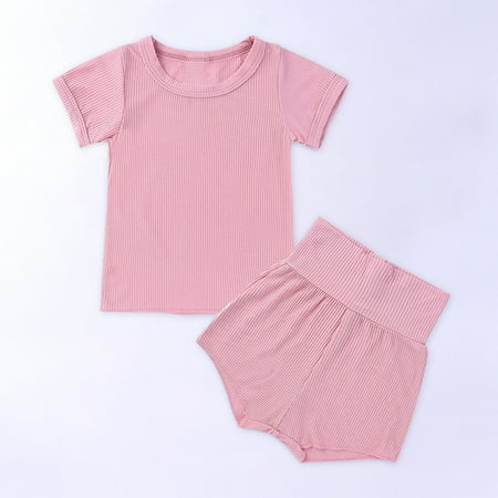 

CHGBMOK Clearance Toddler Kids Baby Boys Girls Fashion Cute Solid Color Short Sleeve High Waist Shorts Cotton Casual Suit