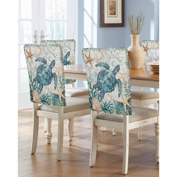 nqOlkjepod Teal Coastal Turtle Chair Covers Set of 8, Decorative Chair Back Cover, Vintage Summer Beach Nautical Coral Dining Room Chair Slipcovers Removable Chair Protectors Covers for Party Banquet