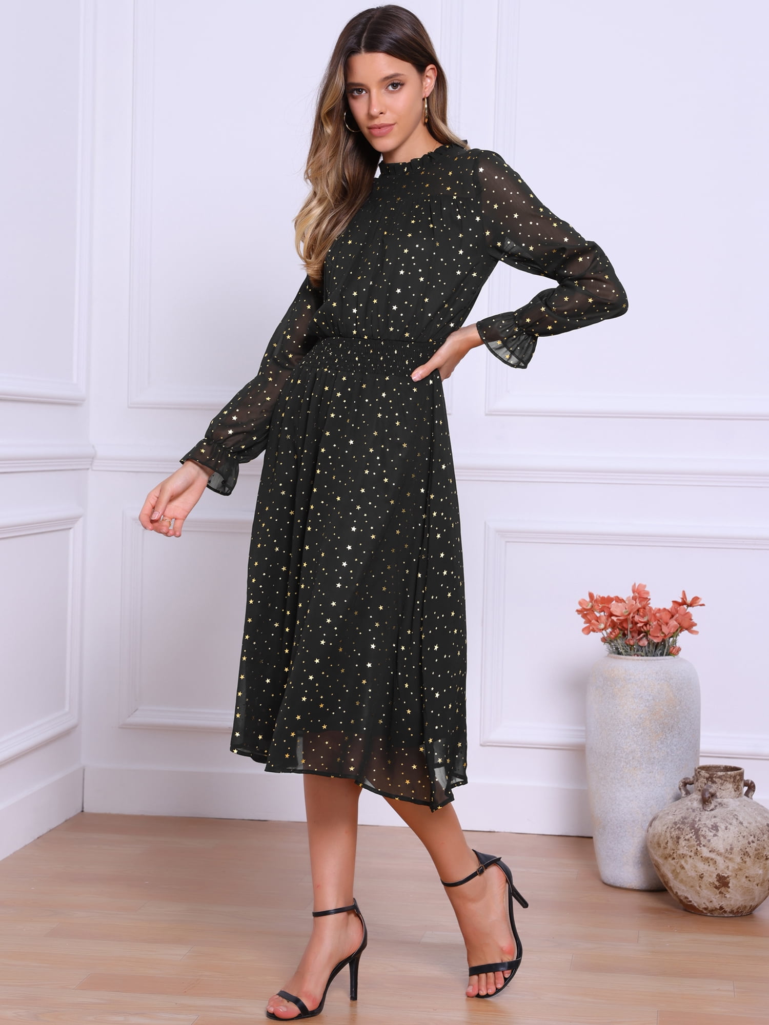 DARING DIVA Women's Chiffon Sheer Long Sleeve Smocked A-Line Dress M Black