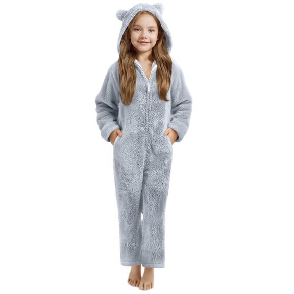 Erwazi Girls Jumpsuit Kids Casual Solid Color Long Sleeve Zip Up Hoodie Romper Winter Fleece Jumpsuits, Gray, 11-12 Years