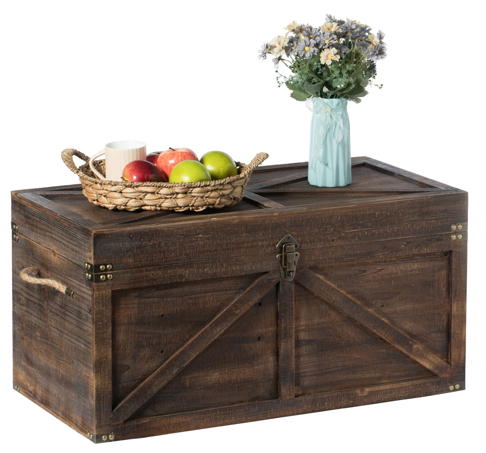 Brown Large Wooden Lockable Trunk Farmhouse Style Rustic Design Lined