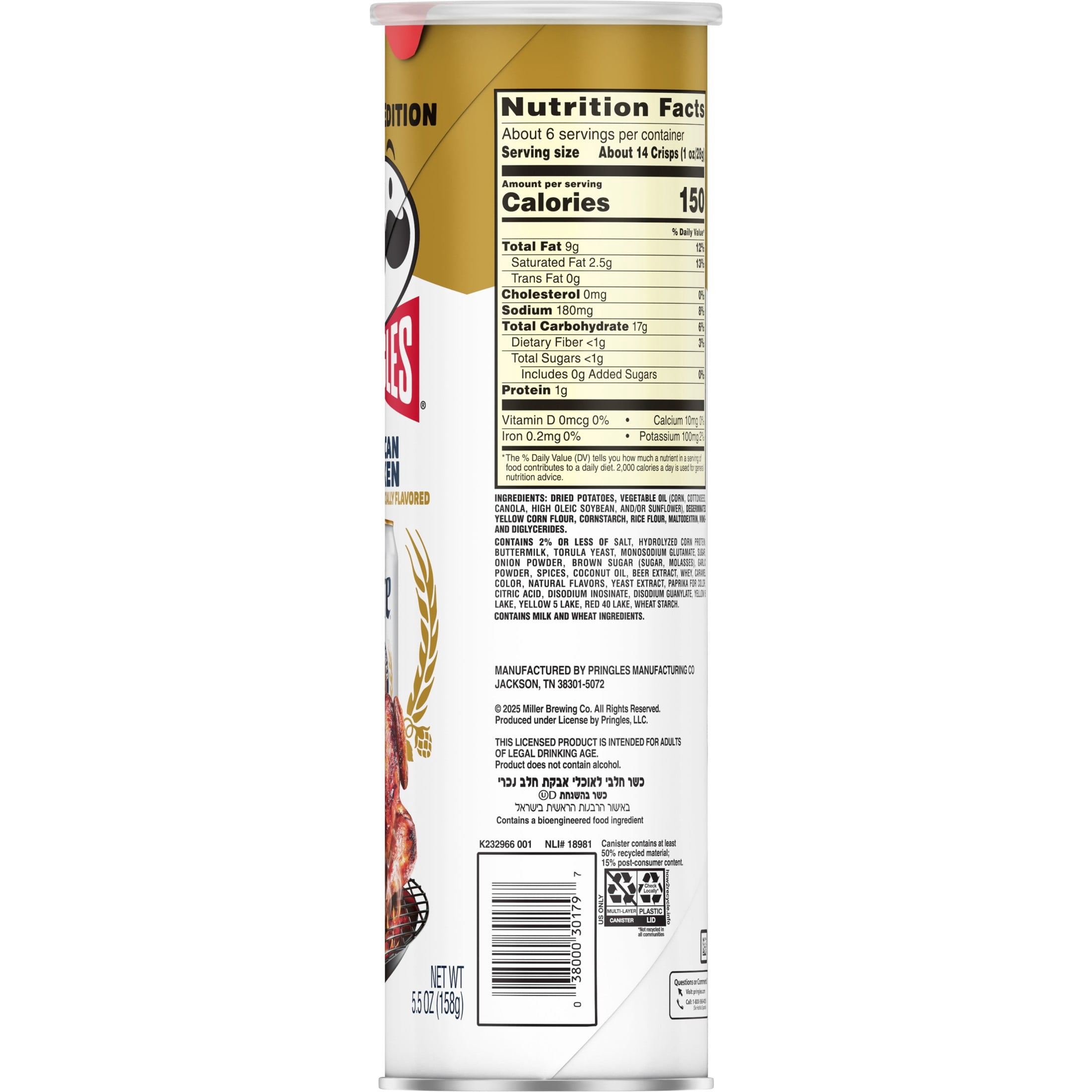 Pringles Miller Lite Beer Can Chicken Potato Crisps Chips, Lunch Snacks, 5.5 oz Canister