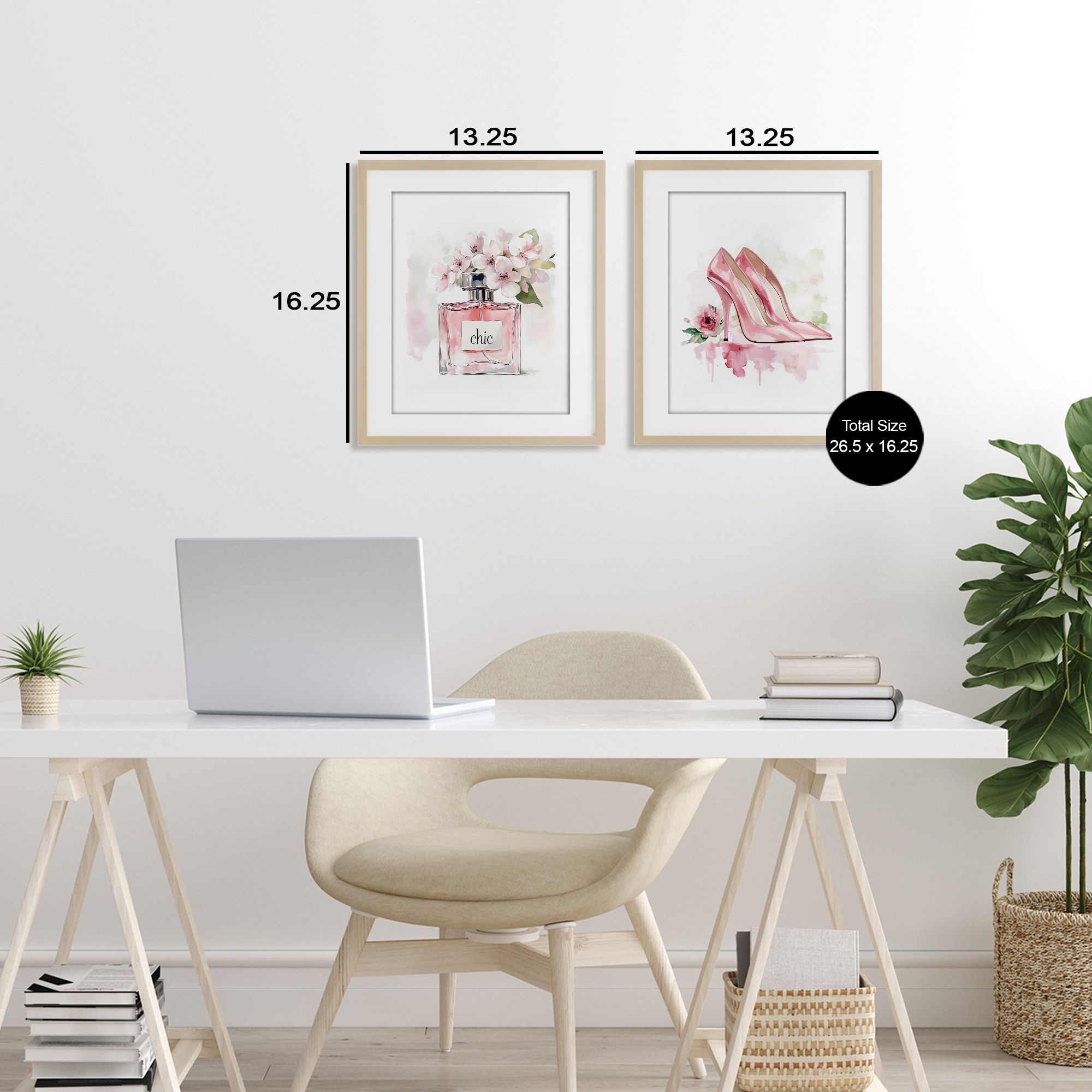 Rosy Pastel Perfume & Heels 2 Piece Birch Framed Print Under Glass Set, design by Christine Simpson Art