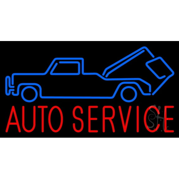 Red Auto Service Blue Car Logo LED Neon Sign 20 x 37 - inches, Clear Edge Cut Acrylic Backing, with Dimmer - Bright and Premium built indoor LED Neon Sign for automotive store, and mall.