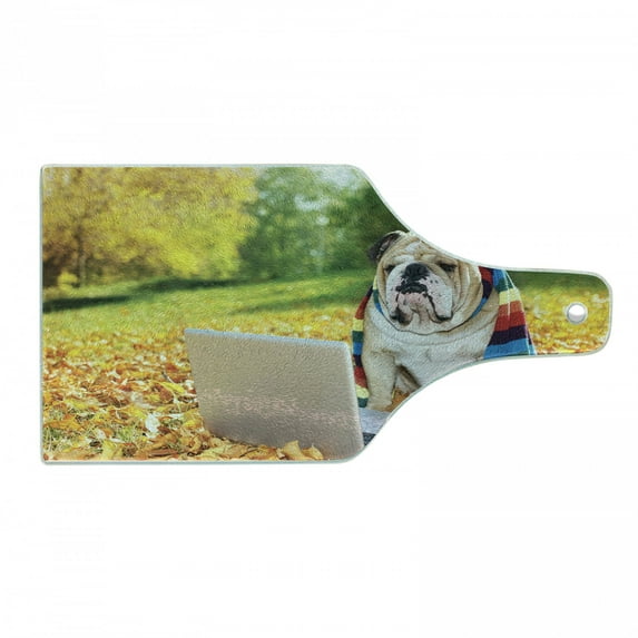 English Bulldog Cutting Board, Dog in the Park with a Laptop and Rainbow Colored Scarf Funny Photography, Tempered Glass Cutting and Serving Board, Wine Bottle Shape, Multicolor, by Ambesonne