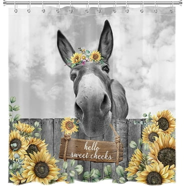 Newhomestyle Funny Donkey Shower Curtain , Vintage Sunflower Yellow Floral Bath Curtain for Bathroom Decor with 12 Hooks 72X72 inches