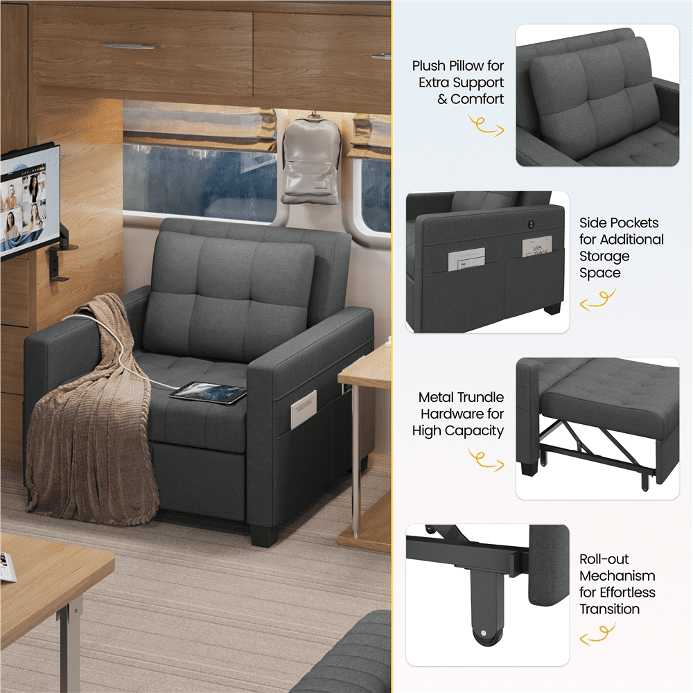 Renwick 3-in-1 Convertible Sleeper Sofa Bed with Adjustable Backrest & USB Ports, Dark Gray