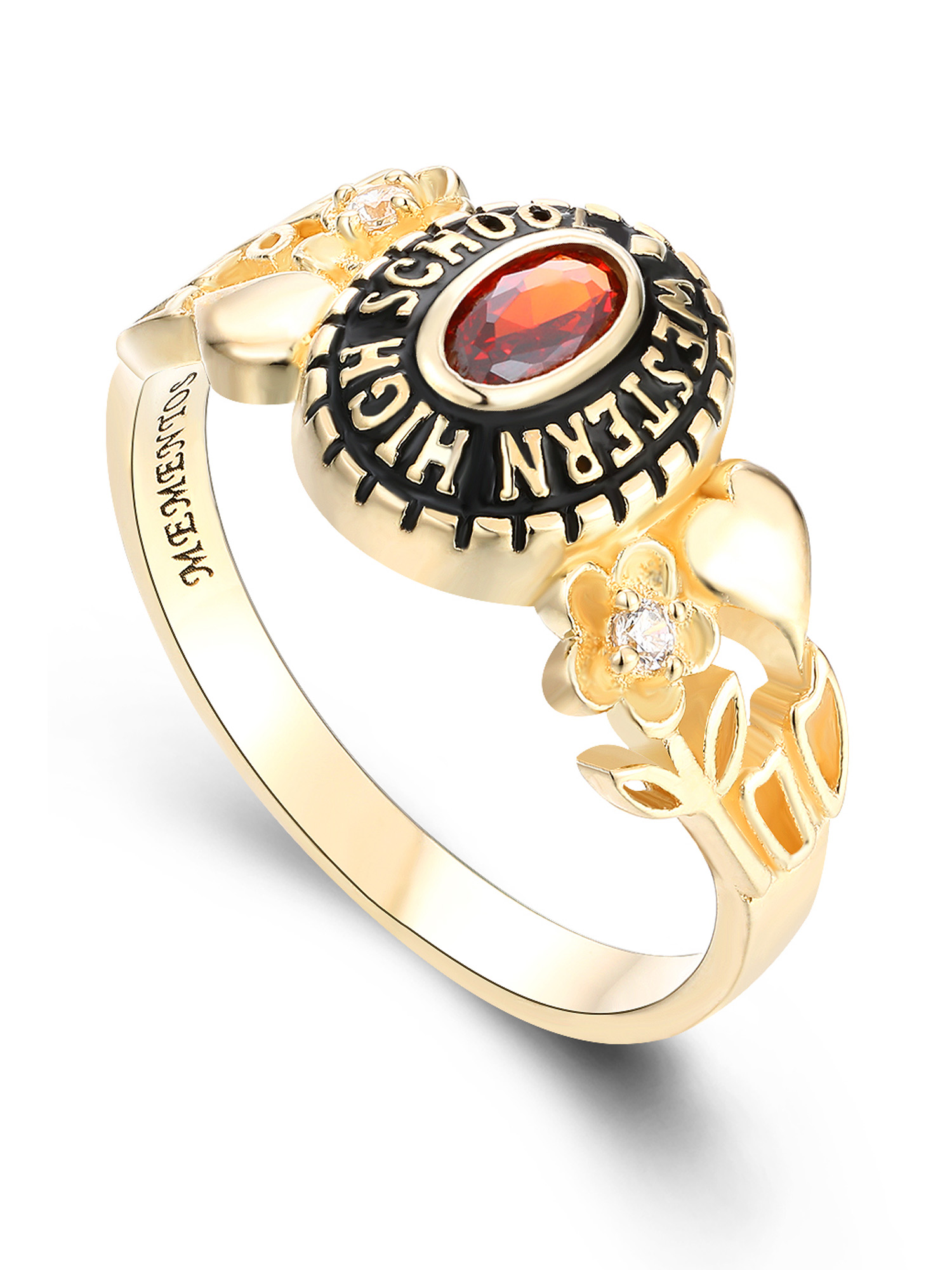Mementos USA Custom Women's Class Ring Sterling Silver for High School-Petite Flower-Gold