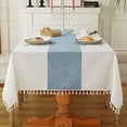 thumbnail image 1 of Nvzi Mantel para mesa de comedor, estilo rústico, para cocina, estilo rústico, para mesa de centro, de lino y algodón, rectangular, de rayas beige y azules, de 55 x 55 pulgadas, 1 of 5