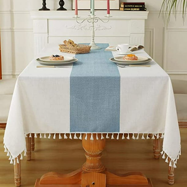 Nvzi Mantel para mesa de comedor, estilo rústico, para cocina, estilo rústico, para mesa de centro, de lino y algodón, rectangular, de rayas beige y azules, de 55 x 55 pulgadas
