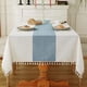 thumbnail image 1 of Nvzi Mantel para mesa de comedor, estilo rústico, para cocina, estilo rústico, para mesa de centro, de lino y algodón, rectangular, de rayas beige y azules, de 55 x 55 pulgadas, 1 of 5