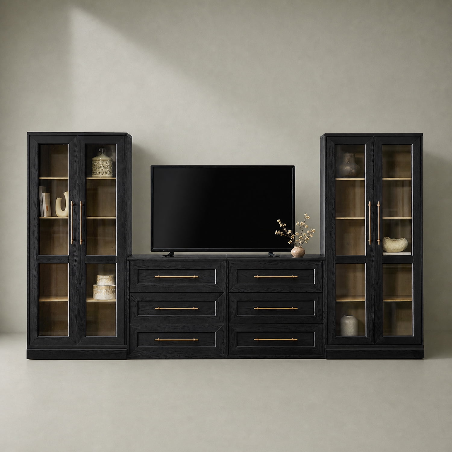 Blake 4 Piece Entertainment Center with Storage, Dresser TV Stand with Tall Display Cabinets, Black Oak