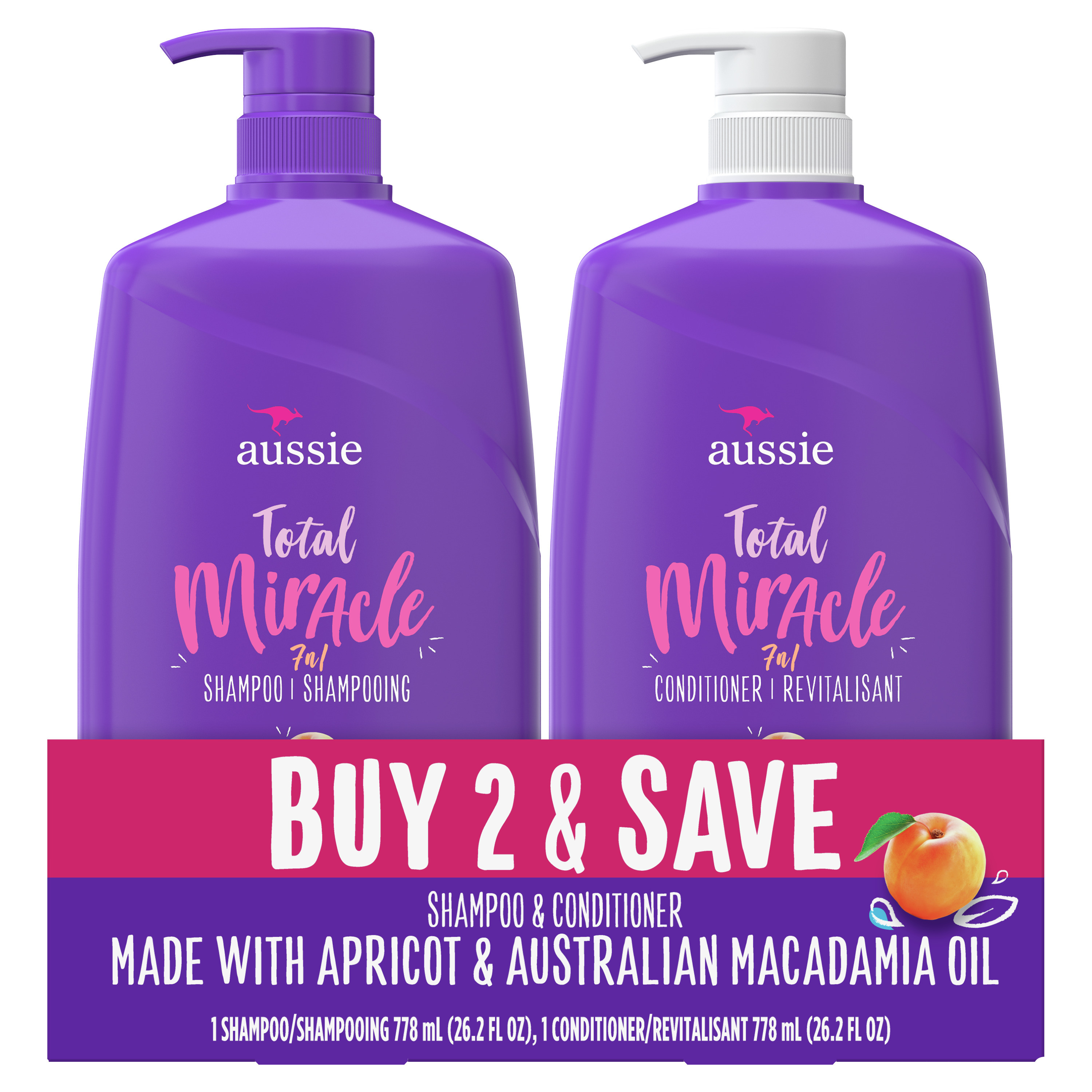 Aussie Total Miracle Apricot & Macadamia Oil, Shampoo & Conditioner Pack, All Hair Types, 26.2 fl oz - image 3 of 10