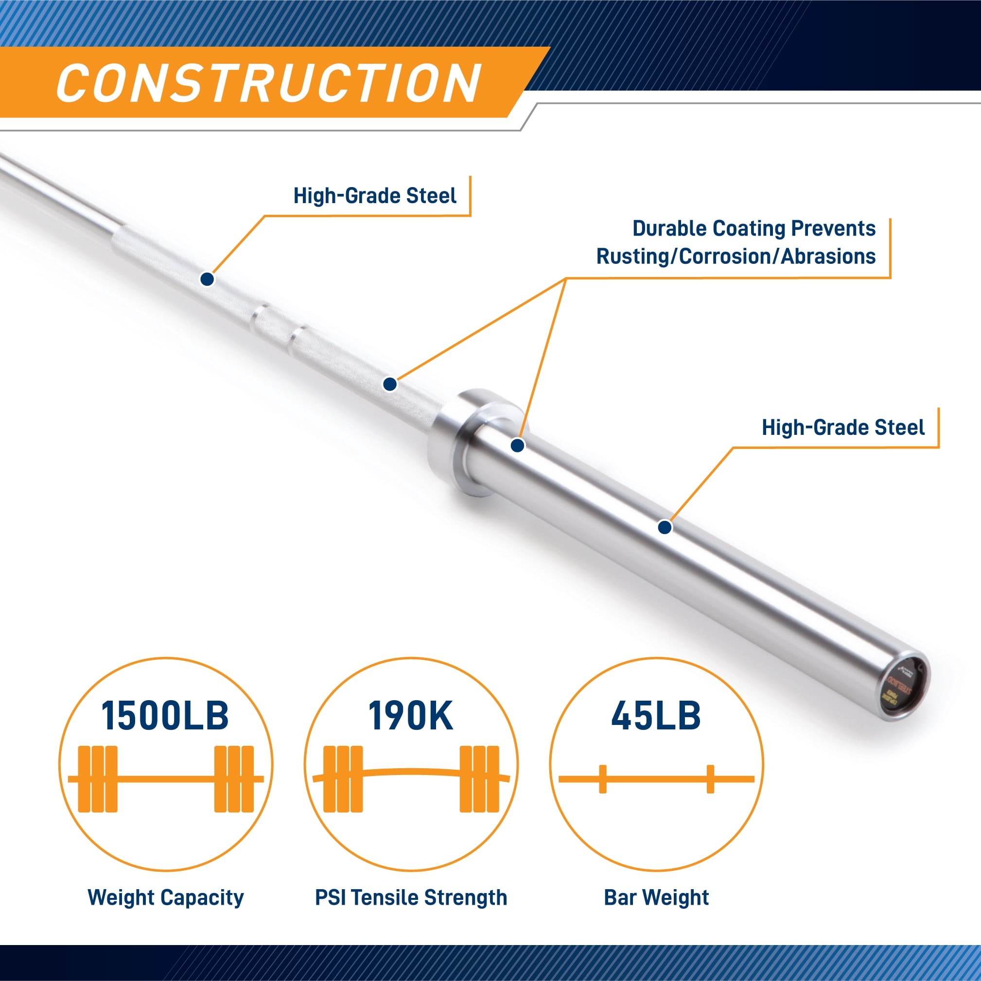SteelBody by Marcy Chrome 45lb Olympic Barbell STB-1707CC