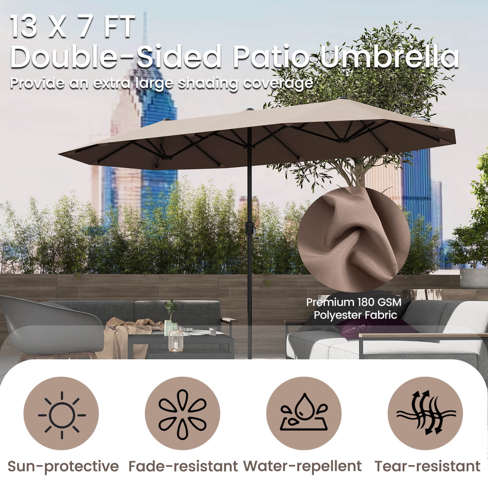 Costway 13 FT Large Patio Umbrella Outdoor Double-Sided Table Market Umbrella for Garden Brown