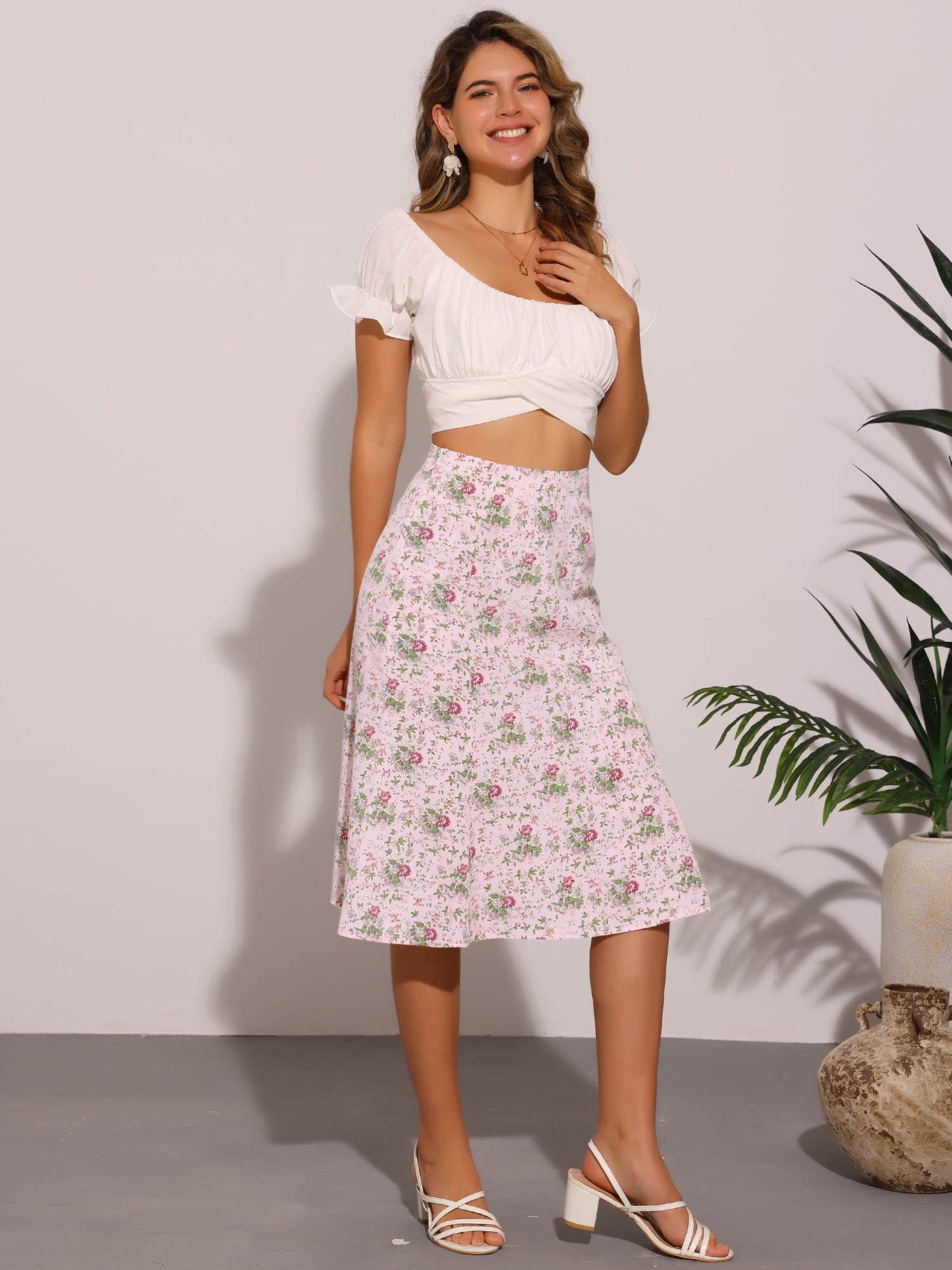 DARING DIVA Women's Elastic Waist A-Line Floral Print Midi Skirt M Pink Flower