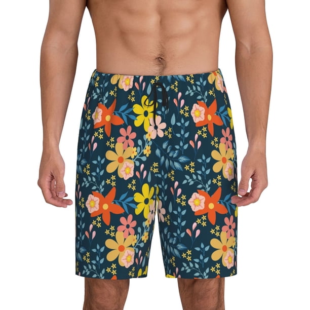 Balery Blue Floral Pantalones cortos de pijama de punto de algodón para hombre con cinturilla y bolsillos-Small