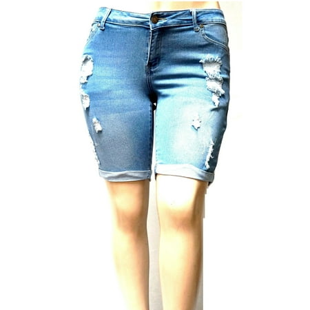 1826 Women's Plus Size Bermuda Short Curvy Denim Jean Ripped (Best Jeans For Short Plus Size Women)