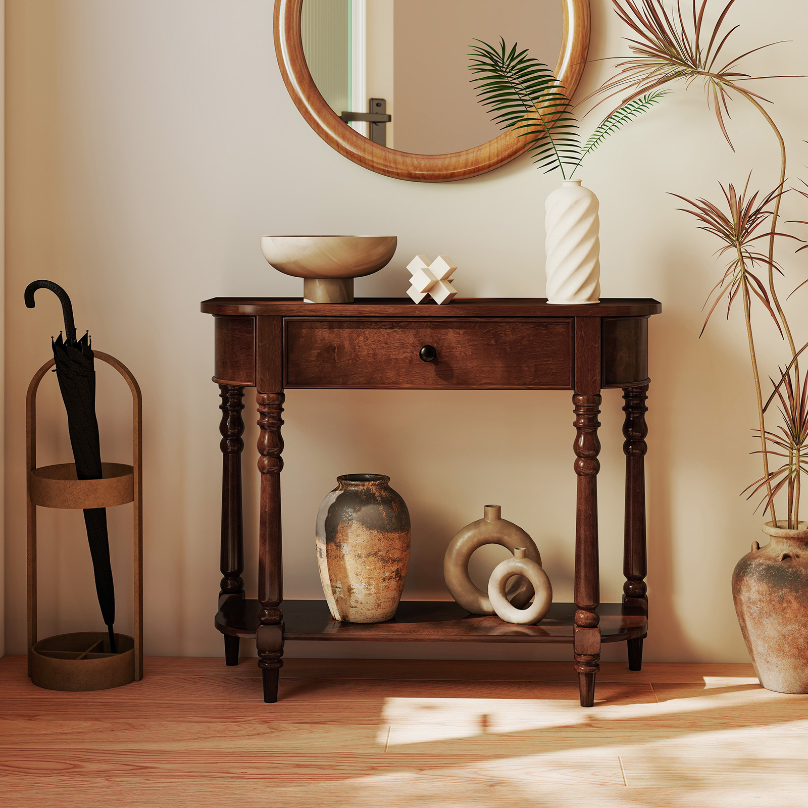 Gymax Retro Console Table 36''L Wooden Entryway Table w/ Storage Drawer & Open Shelf Brown