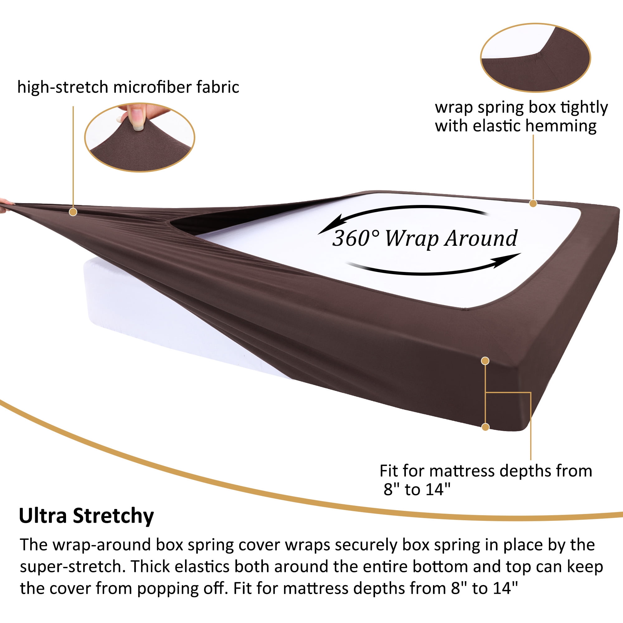 Unique Bargains Box Spring Cover Wrap Around 4 Sides Stretchy King Brown
