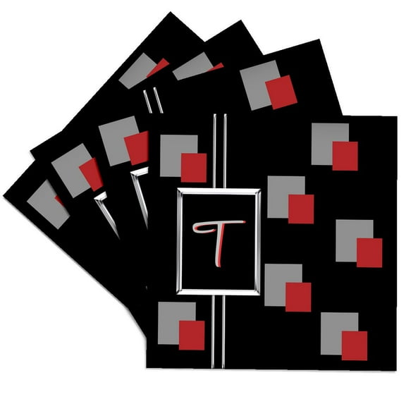 3drose, Modern Geometric Black Red Grey Square Pattern Monogram Letter T, Set of 4 Ceramic Tile Coasters