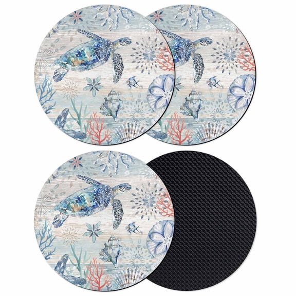 Ocean Turtle Coasters Set of 4, Soft Absorbent Coasters for Drinks, Coral Vintage Blue Shell Coastal Conch Non-Slip Cup Coaster Mat with Rubber Bottom for Home Kitchen Desk Coffee Bar Table Decor 4"