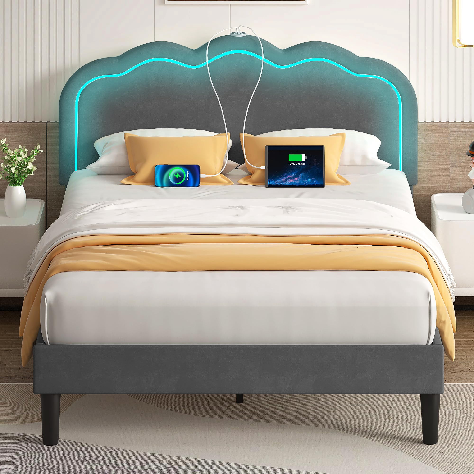 VECELO Upholstered Queen Size Bed Frame with Headboard Adjustable, LED Lights, USB-A & Type-C, Velvet Platform Bed Noise Free, Mattress Foundation with Wooden Slats, No Box Spring Needed, Gray