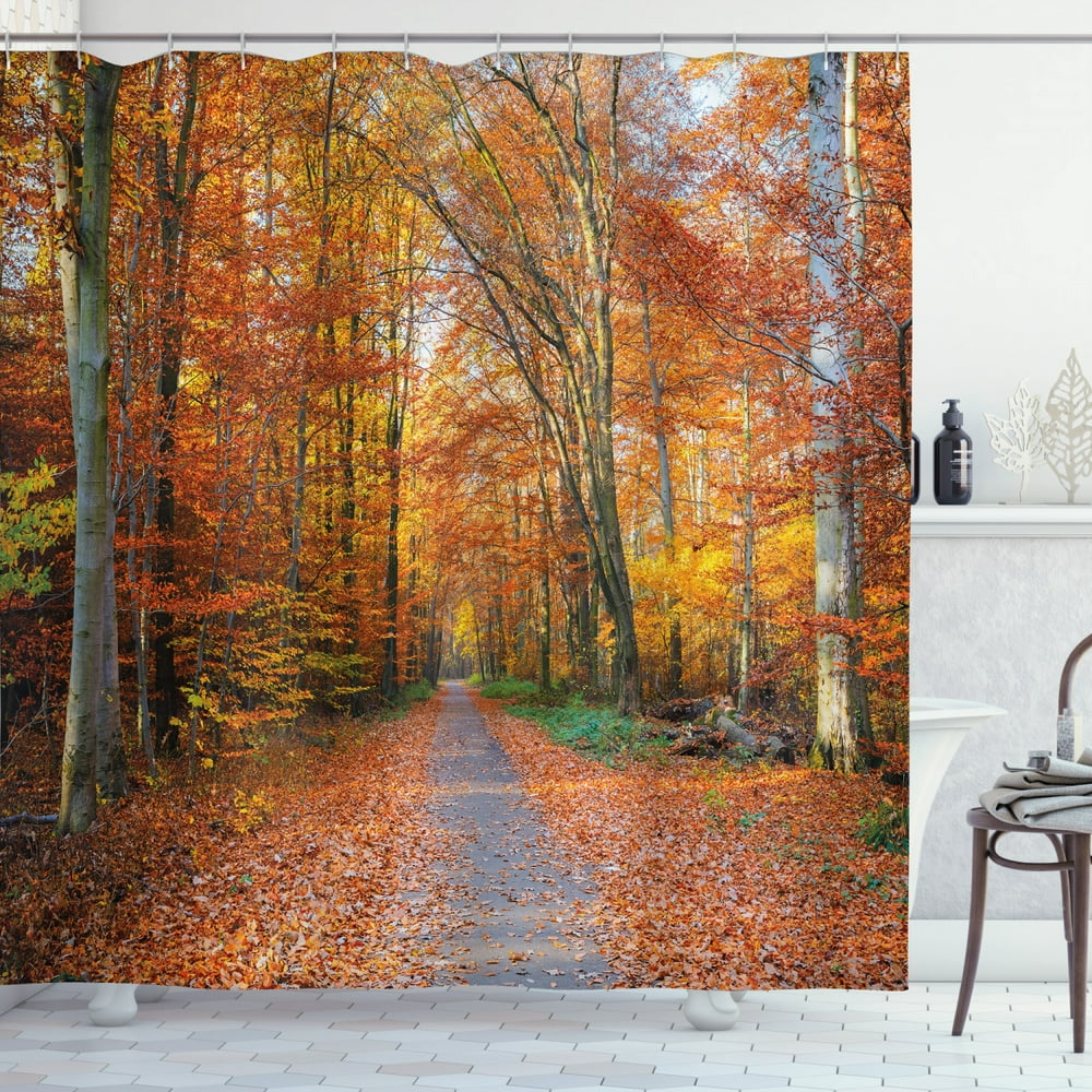 Fall Decor Shower Curtain, Pathway Covered with Fallen Leaves Through ...