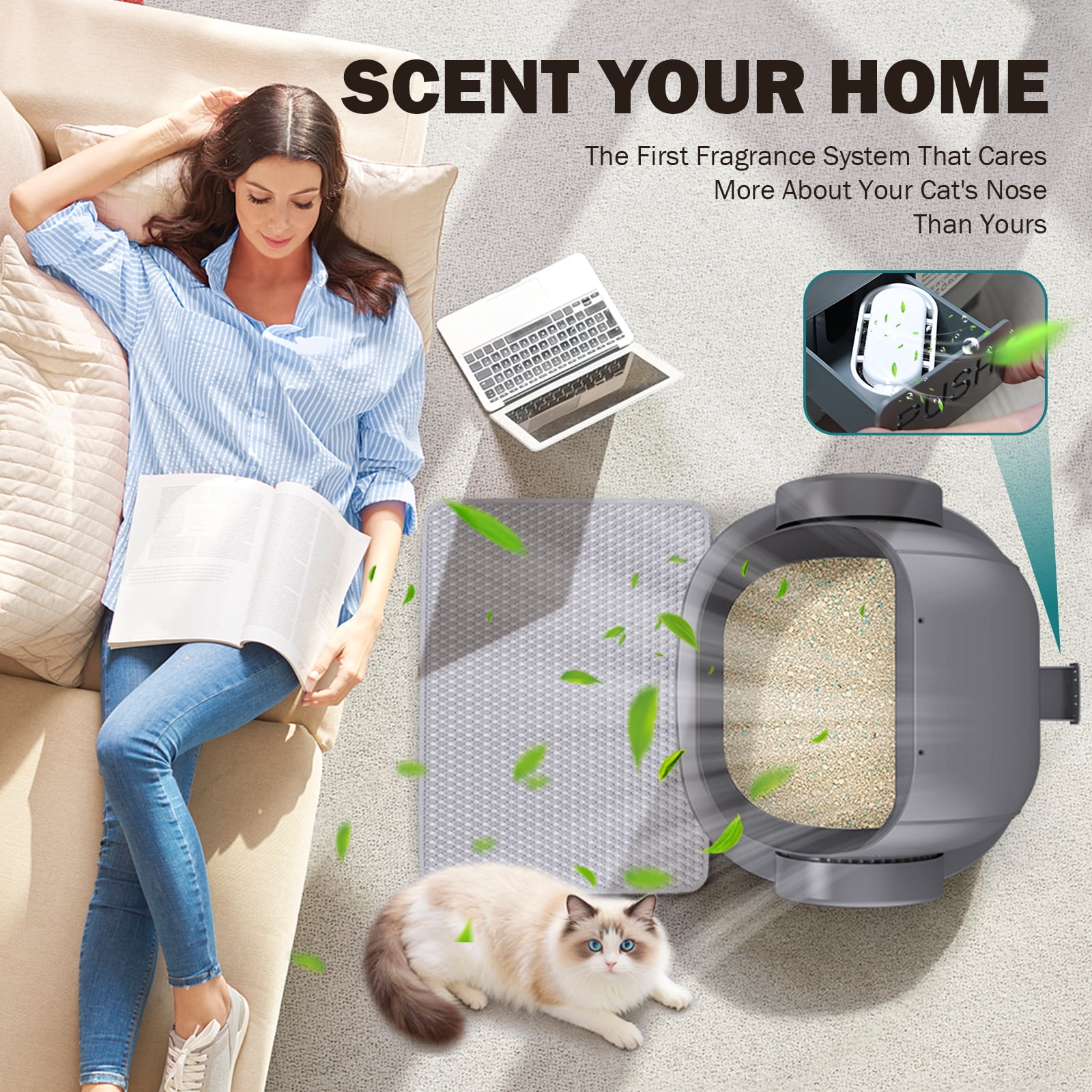 Self-Cleaning Litter Box Automatic Open-Top Cat Litter Box with App & Safety Features – Includes Litter Liners & Mat – Light Grey